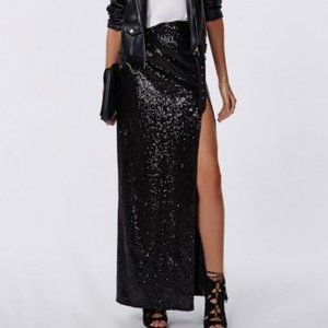 Black Sequin Missguided long skirt with high slit